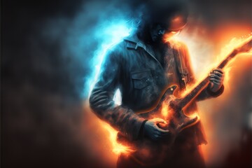 A man plays a glowing guitar in the smoke