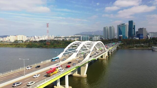 [korea drone footage] Han river landscape, Korea, Seoul, Yanghwa Bridge