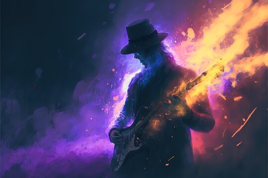 A man plays a glowing guitar in the smoke