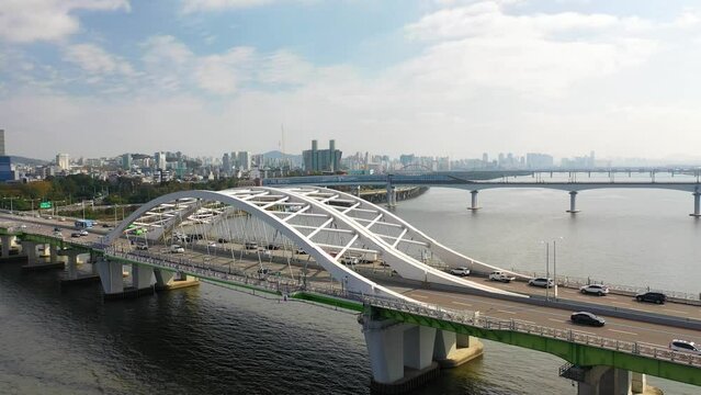 [korea drone footage] Han river landscape, Korea, Seoul, Yanghwa Bridge