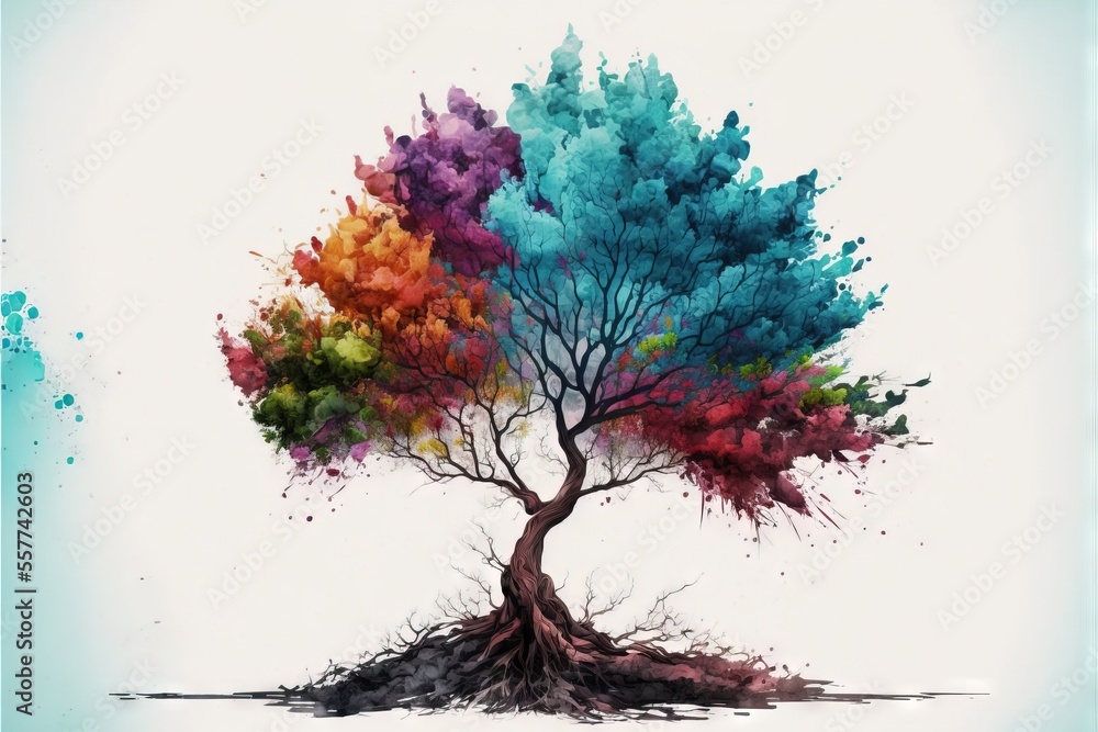 Poster a colorful tree with roots and leaves on a white background with a blue frame around it and a blue b