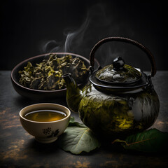 photo oolong green tea in a teapot and bowl photography