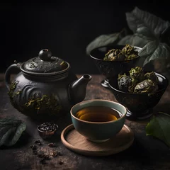 Foto op Aluminium photo oolong green tea in a teapot and bowl photography © yuniazizah
