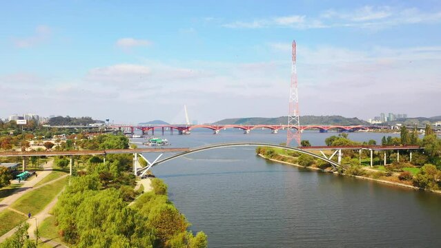 [korea drone footage] Han river landscape, Korea, Seoul, Seongsan Bridge