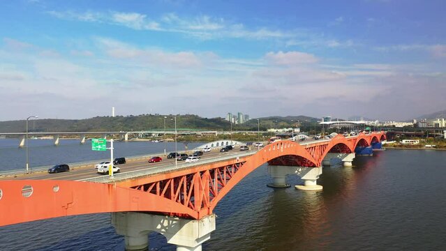 [korea drone footage] Han river landscape, Korea, Seoul, Seongsan Bridge