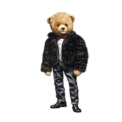Fototapeta na wymiar teddy bear wearing fur and tuxedo