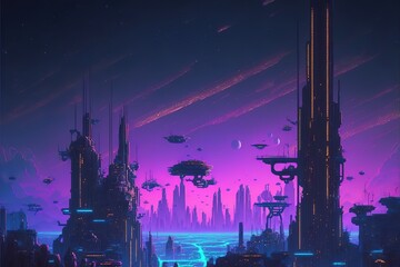 Futuristic cyberpunk city with tall buildings