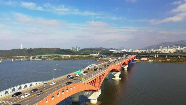 [korea drone footage] Han river landscape, Korea, Seoul, Seongsan Bridge