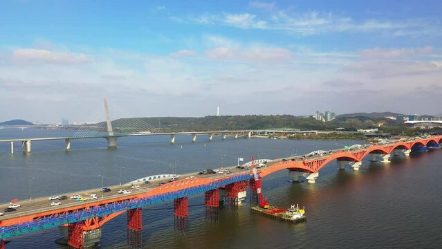[korea drone footage] Han river landscape, Korea, Seoul, Seongsan Bridge