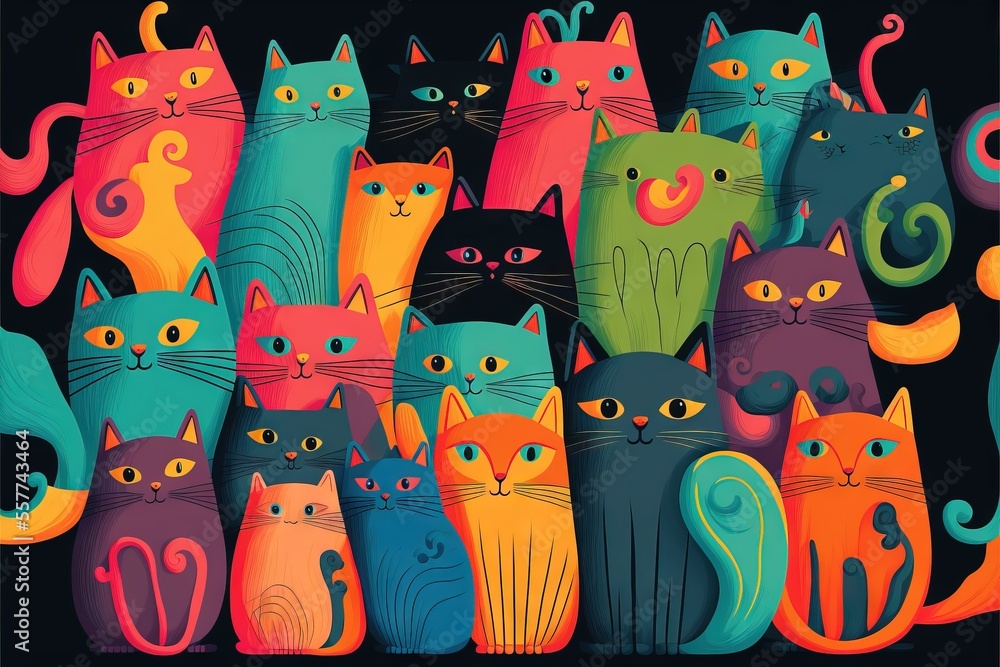 Poster a group of cats with different colors and sizes standing together in a row on a black background wit