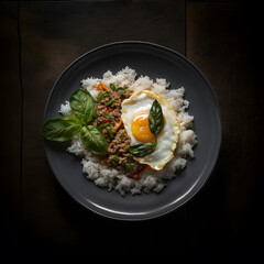 photo basil minced pork with rice and fried egg food photography