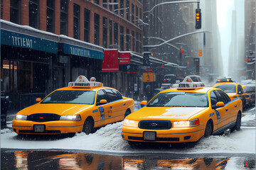Obraz na płótnie Canvas Winter flooding and snowmelt in New York and traffic- Generative AI