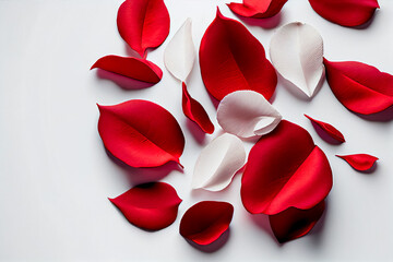 Red and White Rose Petals isolated on a white table. Made with Generative AI Technology