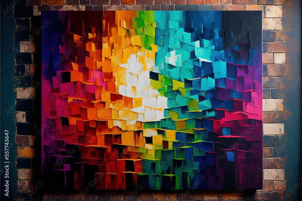 Poster a painting of a multicolored abstract design on a brick wall with a brick wall behind it and a brick