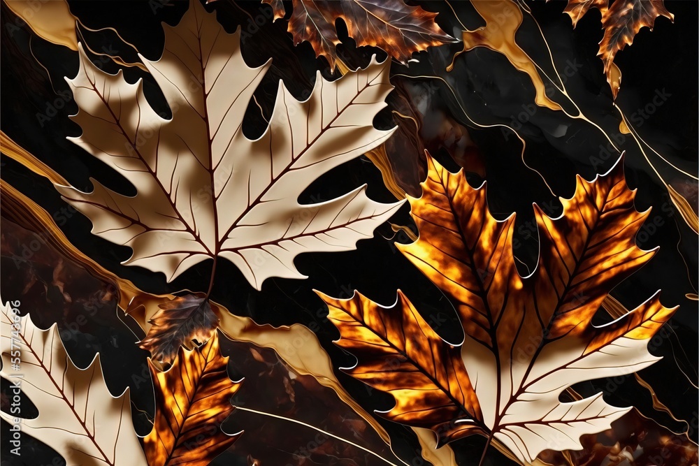Poster a group of leaves that are on a table together in a pattern of leaves on a black background with a g