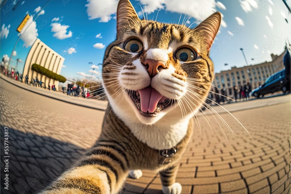 Poster a cat is standing on a brick road and looking at the camera with its mouth open and it's tongue out.