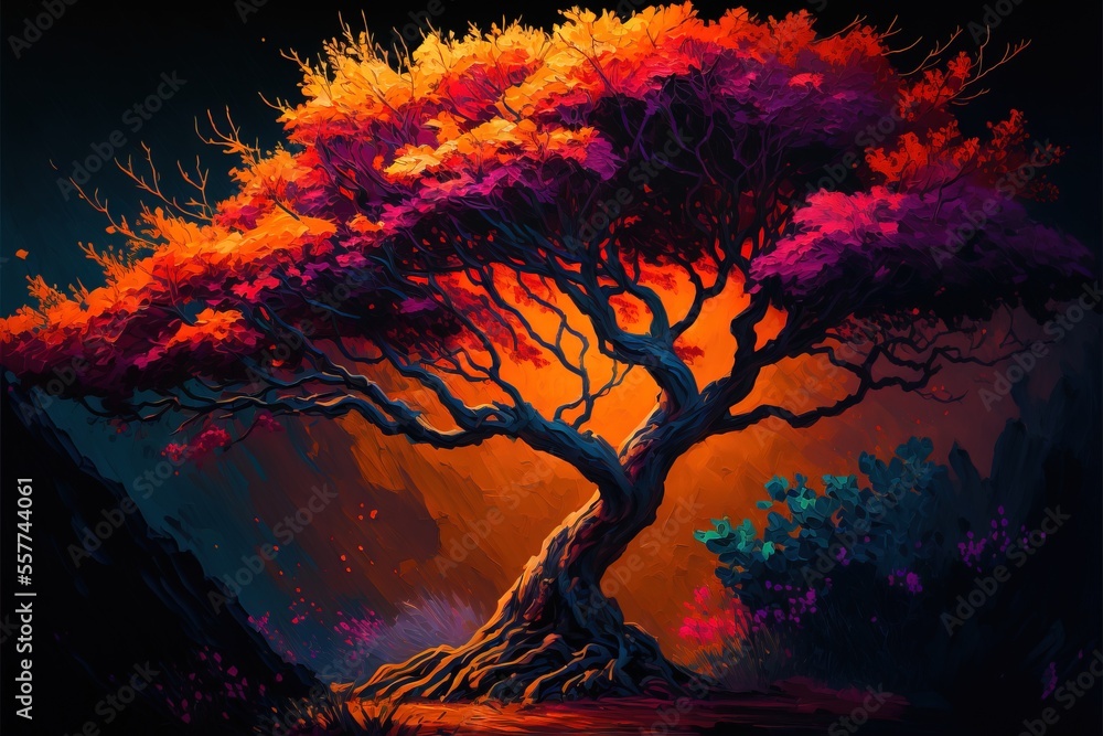 Poster a painting of a tree with red leaves on it's branches and a dark background with a red sky., generat