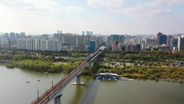 [korea drone footage] Han river landscape, Korea, Seoul, Dangsan Railway
