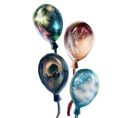 balloons of different shapes and styles of starry galaxies, clear cloud skies, rosy orange clouds and bright fireworks