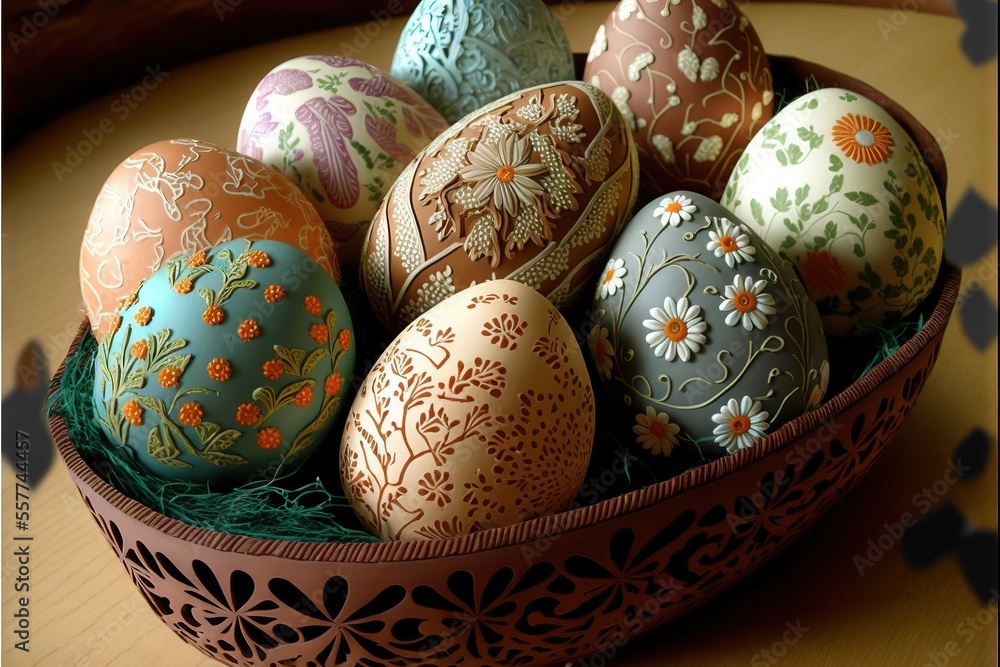 Poster a bowl of decorated eggs on a table top with a wooden table top in the background and a wooden table