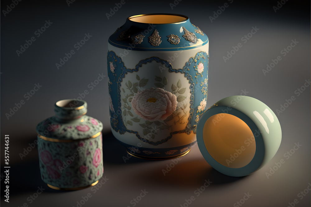 Poster a vase with a candle next to it on a table with a candle holder on it and a vase with a lid., genera