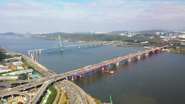 [korea drone footage] Han river landscape, Korea, Seoul, Seongsan Bridge