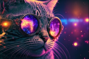 Generative AI Illustration of an Cat with eyeglasses and space background