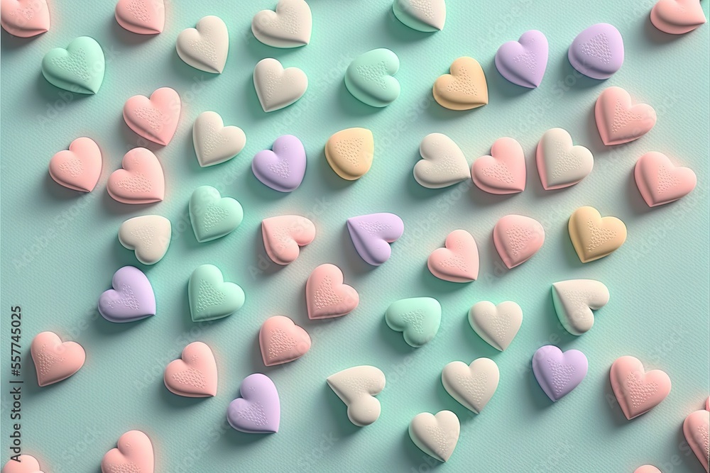 Poster a group of heart shaped cookies on a blue background with a green background and a blue background w