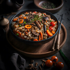 photo sausage fried rice with tomatoes, carrots and shiitake mushrooms on the plate food photography