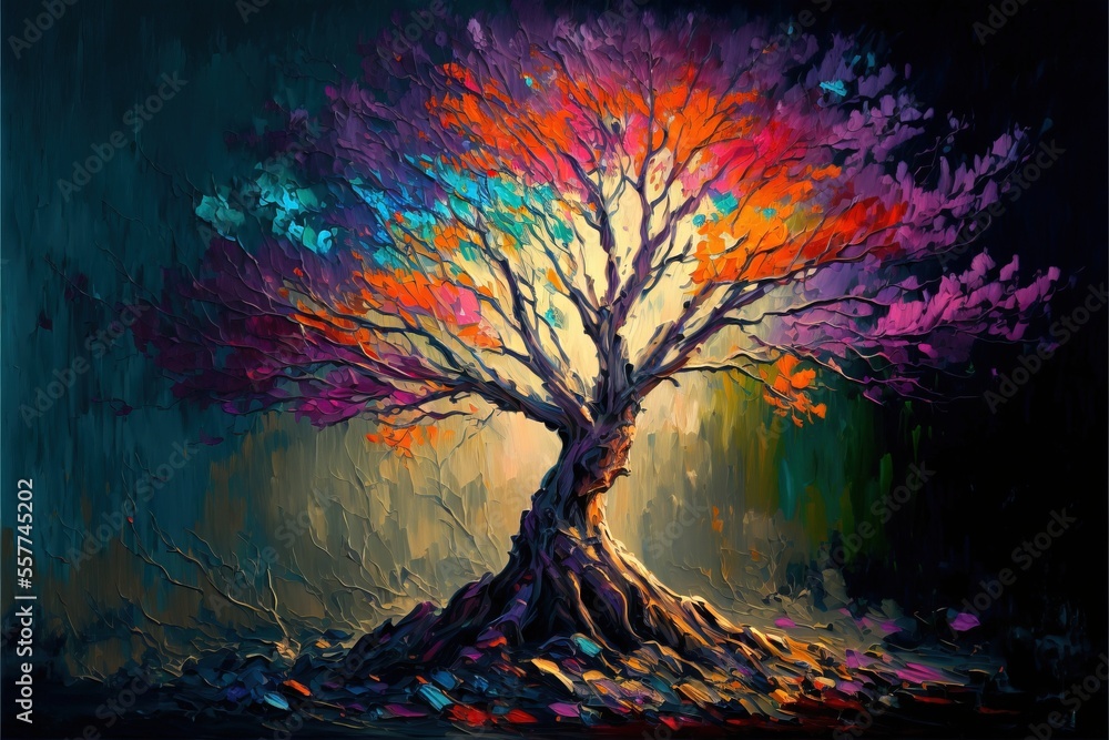 Poster a painting of a tree with colorful leaves on it's trunk and branches., generative ai