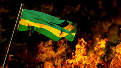 flag of Rwanda on burning fire bg - hard times concept - abstract 3D rendering
