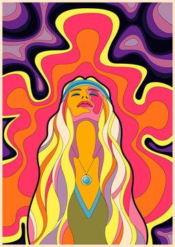 Psychedelic Style Hippie Girl Colorful Poster. 1960s Retro Abstract Portrait Illustration