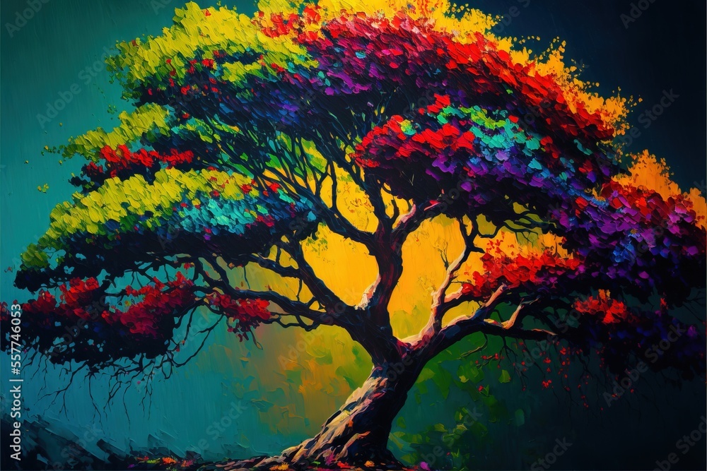 Aufkleber a painting of a colorful tree with a green background and a yellow sky behind it., generative ai
