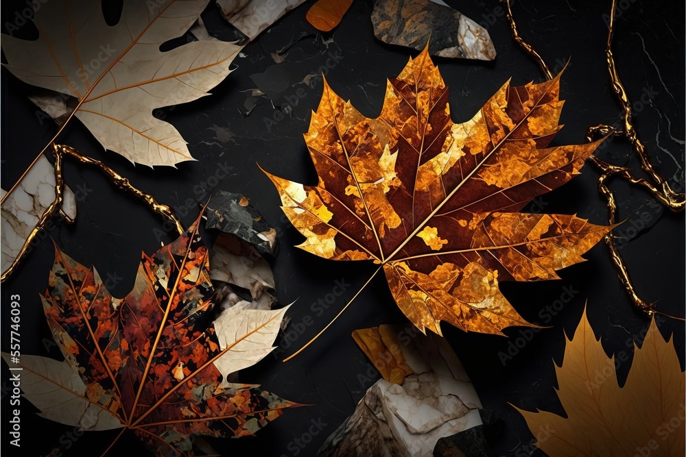 Aufkleber a group of leaves laying on top of a table next to each other on a black surface with a gold chain.,