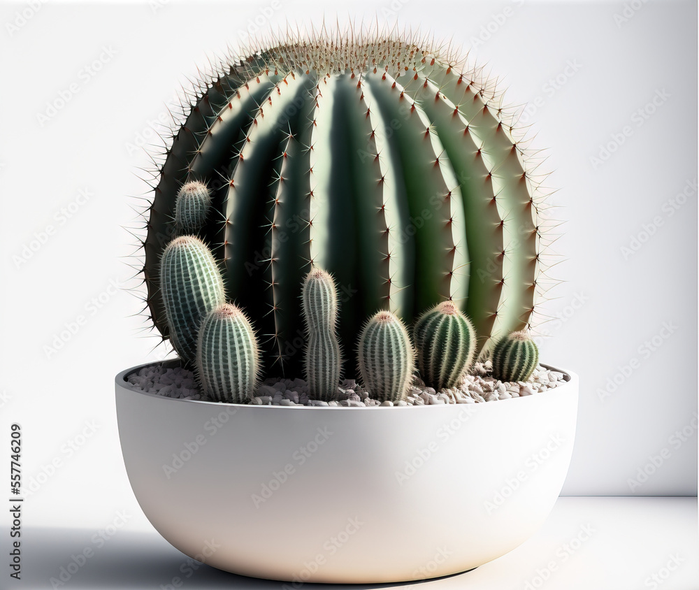 Poster a cactus in a white pot on a white table top with a white frame around it and a white background., g