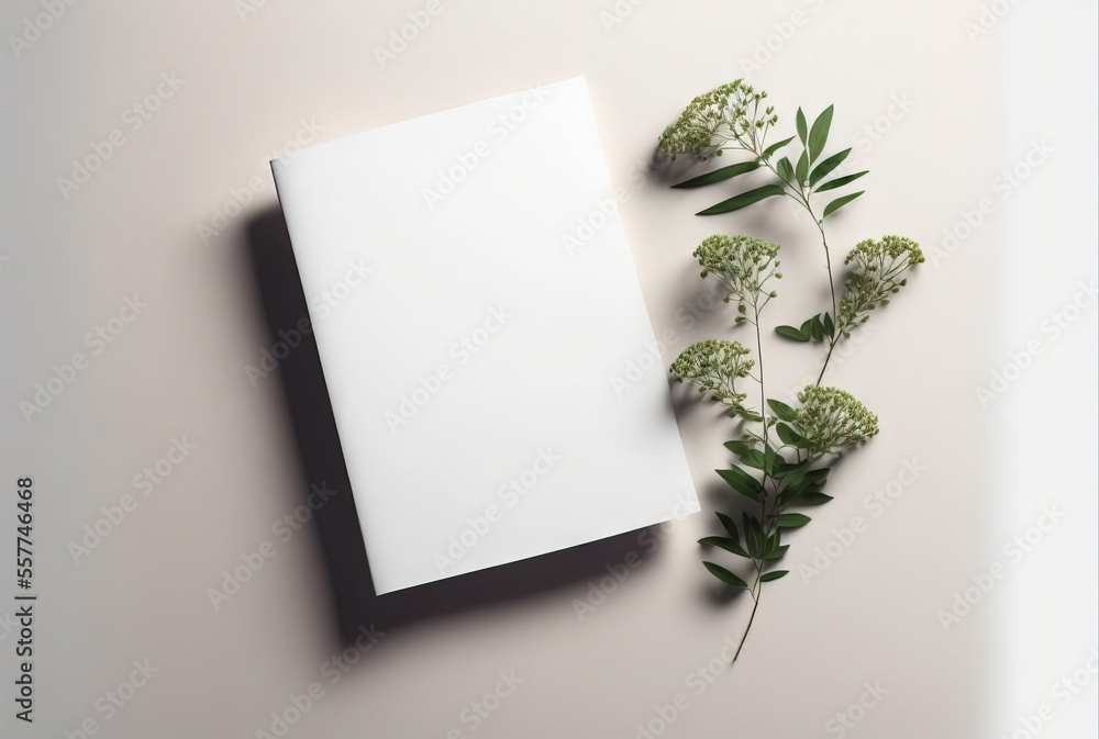 Poster a blank book with a plant on the side of it next to it on a white surface with a shadow., generative
