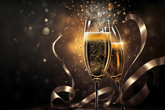 Two glasses of champagne over blur spots lights background. Celebration concept. Digital art

