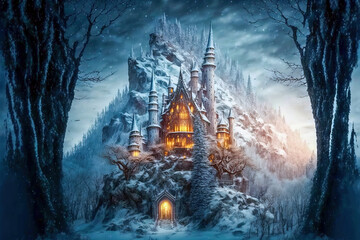 Magic Ice Castle with snow. Fantasy snowy landscape. Winter castle on the mountain, winter forest. Digital artwork