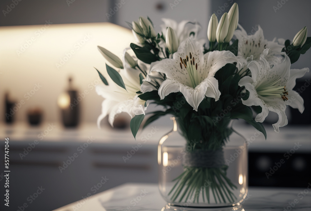 Poster a vase of white flowers on a kitchen counter top with a light in the background and a counter top wi
