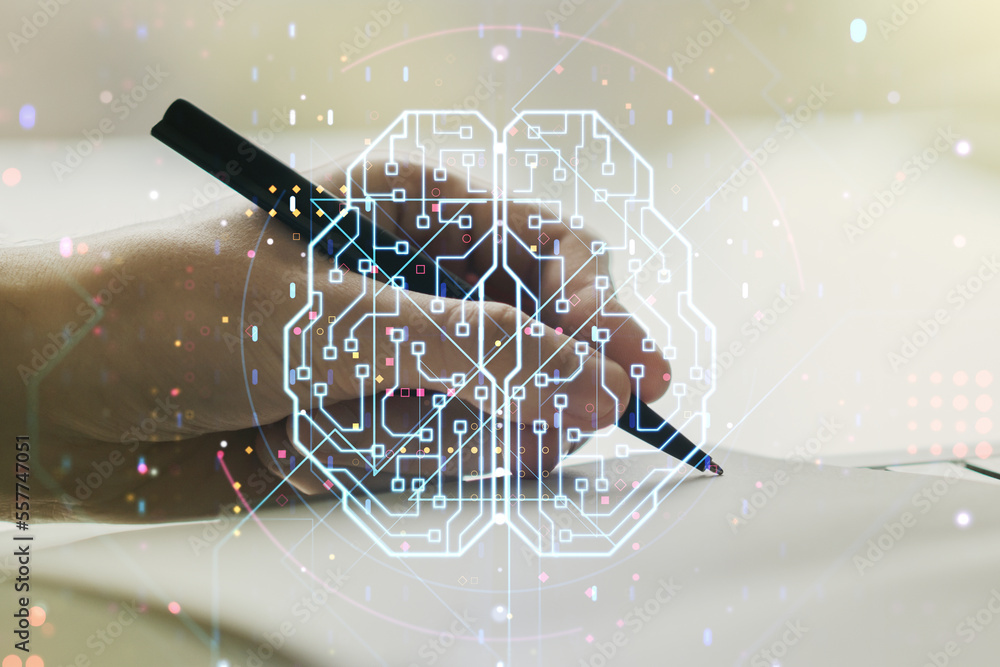 Poster creative artificial intelligence concept with human brain sketch and man hand writing in diary on ba