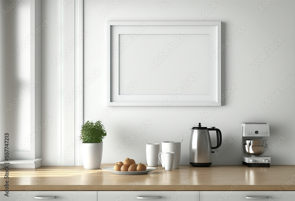 Poster a picture frame is hanging above a counter with coffee and eggs on it., generative ai