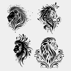 set Flaming lion on White Background. Tribal Stencil Tattoo Design Concept. Flat Vector Illustration.