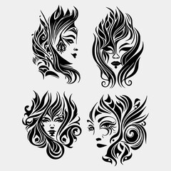 set Flaming woman face on White Background. Tribal Stencil Tattoo Design Concept. Flat Vector Illustration.