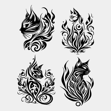 set Flaming cat on White Background. Tribal Stencil Tattoo Design Concept. Flat Vector Illustration.