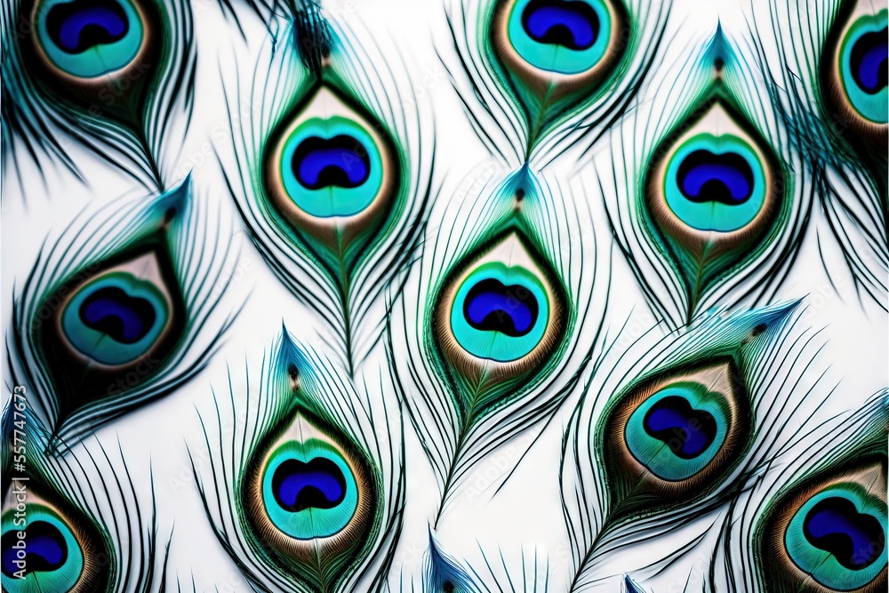 Poster a close up of a peacock feather pattern on a white background with blue and green colors and feather