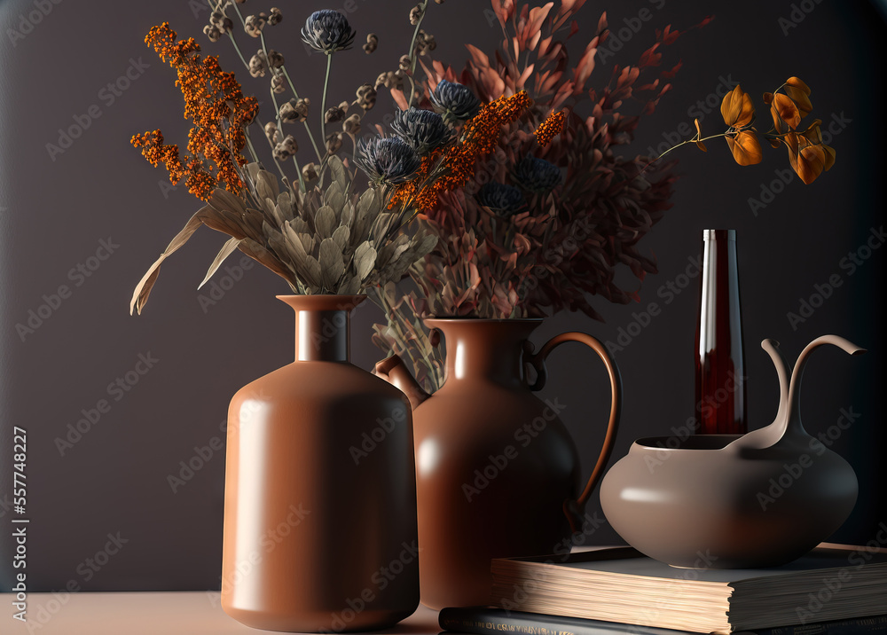 Poster a group of vases sitting on top of a table next to a book and a vase with flowers., generative ai