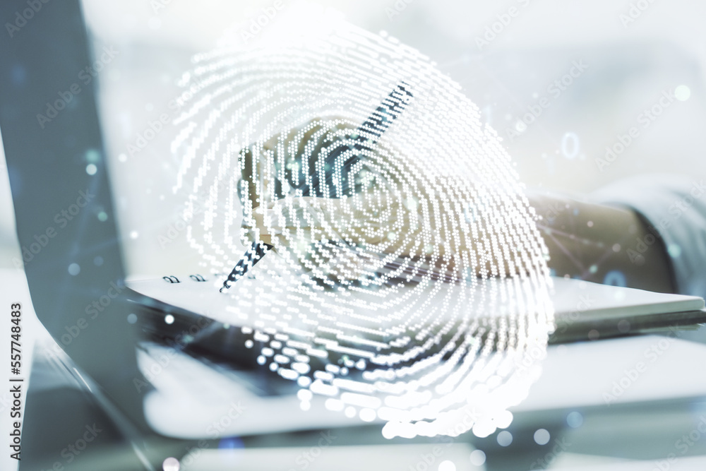 Poster Abstract creative fingerprint illustration with hand writing in diary on background with laptop, personal biometric data concept. Multiexposure