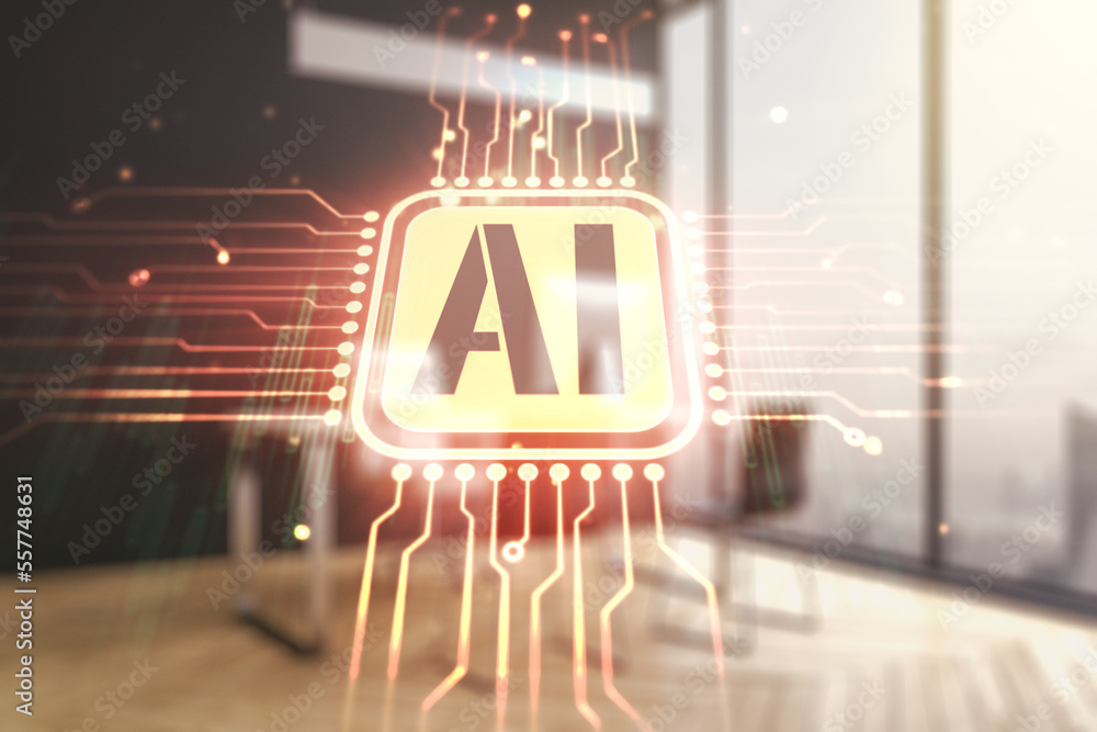 Poster creative artificial intelligence symbol concept and modern desktop with computer on background. mult