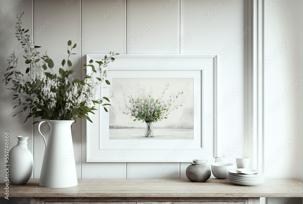 Poster a picture of a vase with flowers on a table with plates and cups on it and a vase with flowers in it