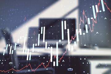 Multi exposure of abstract creative financial chart and modern desktop with laptop on background, research and analytics concept